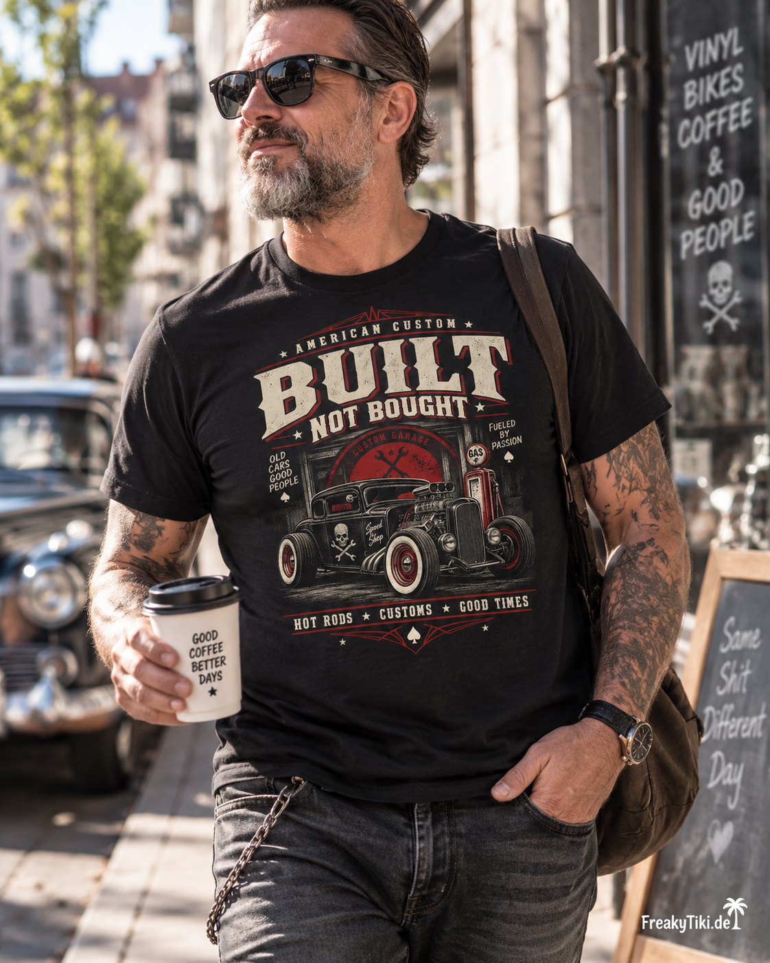 American Custom Vintage Hot Rod T-Shirt schwarz am Model