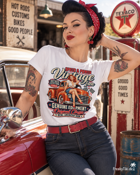 Vintage Iron Original Classic – Rockabilly Pin-up Ladies T-Shirt weiß am Model
