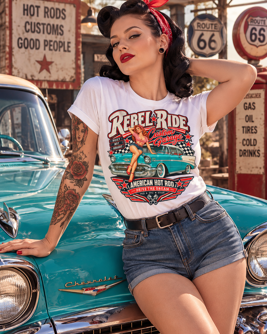 Rebel Ride – Custom Garage Pin-up Ladies T-Shirt weiß am Model