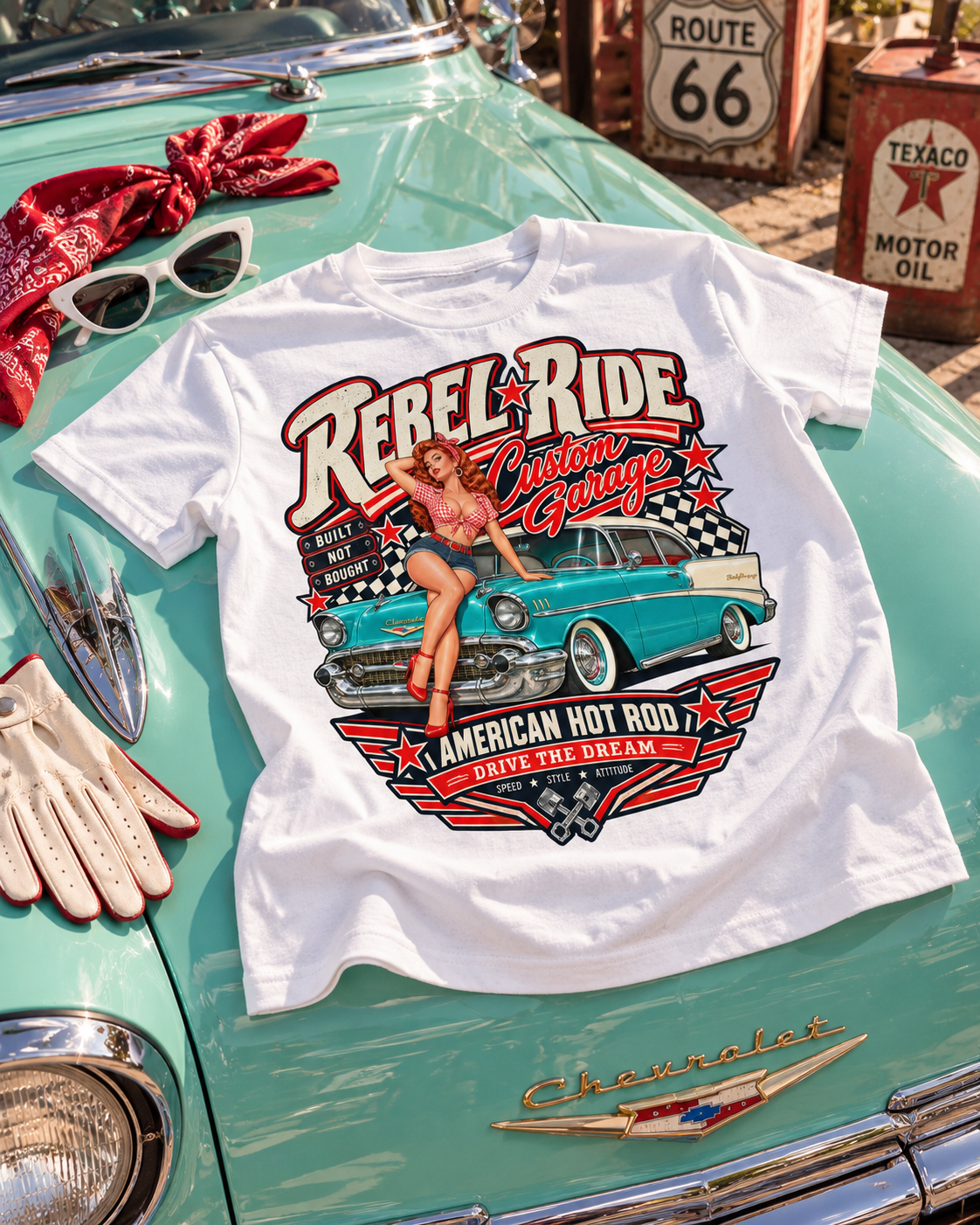 Rebel Ride – Custom Garage Pin-up Ladies T-Shirt weiß Rockabilly Lifestyle Ansicht