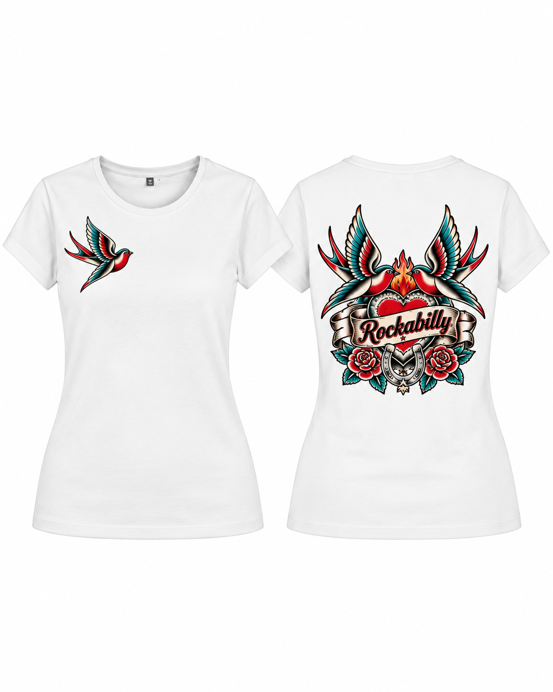Rockabilly Swallow – Schwalben, beidseitig bedruckt Ladies T-Shirt weiß Rockabilly Lifestyle Ansicht