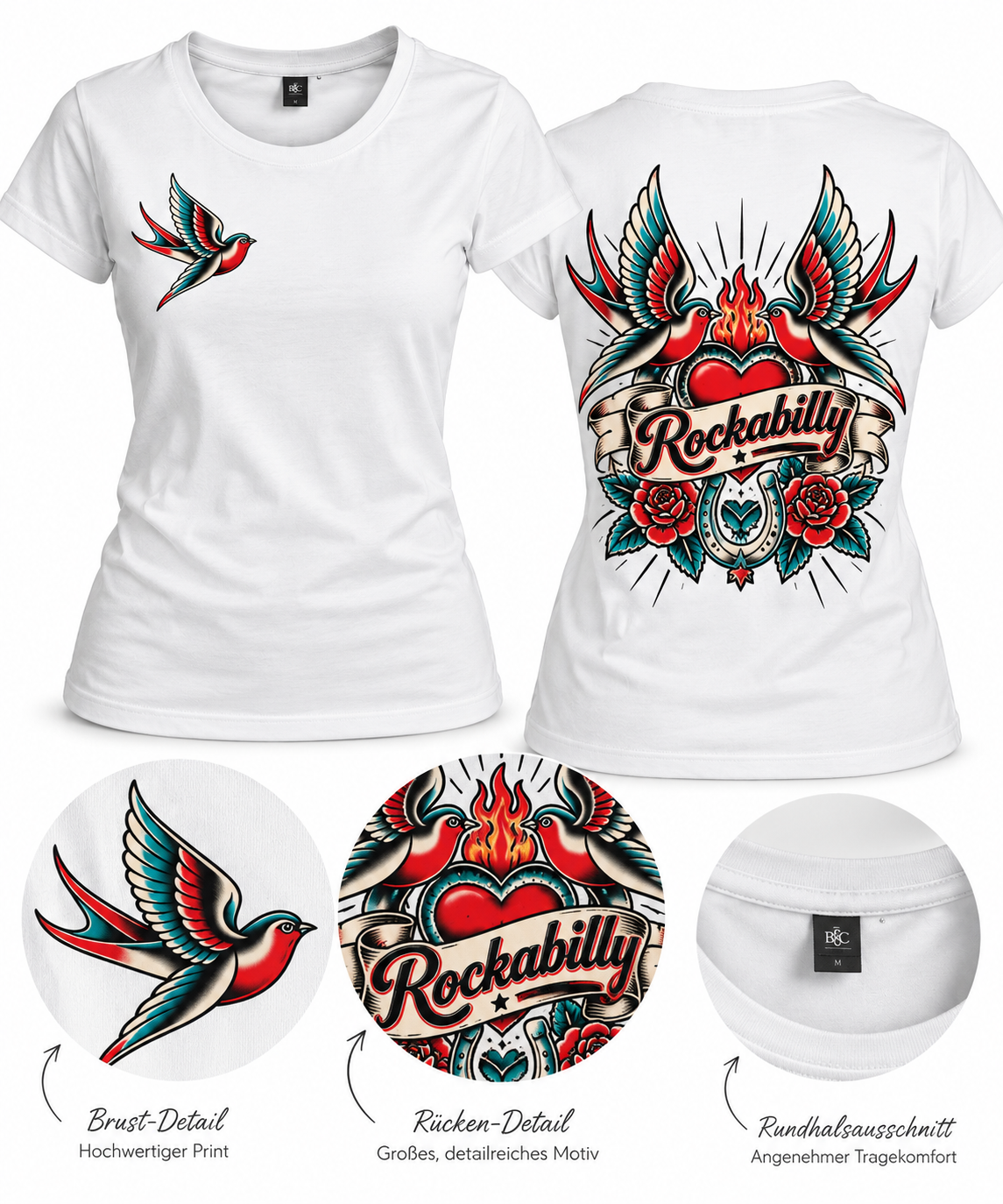 Rockabilly Swallow – Schwalben, beidseitig bedruckt Ladies T-Shirt weiß Rockabilly Lifestyle Ansicht