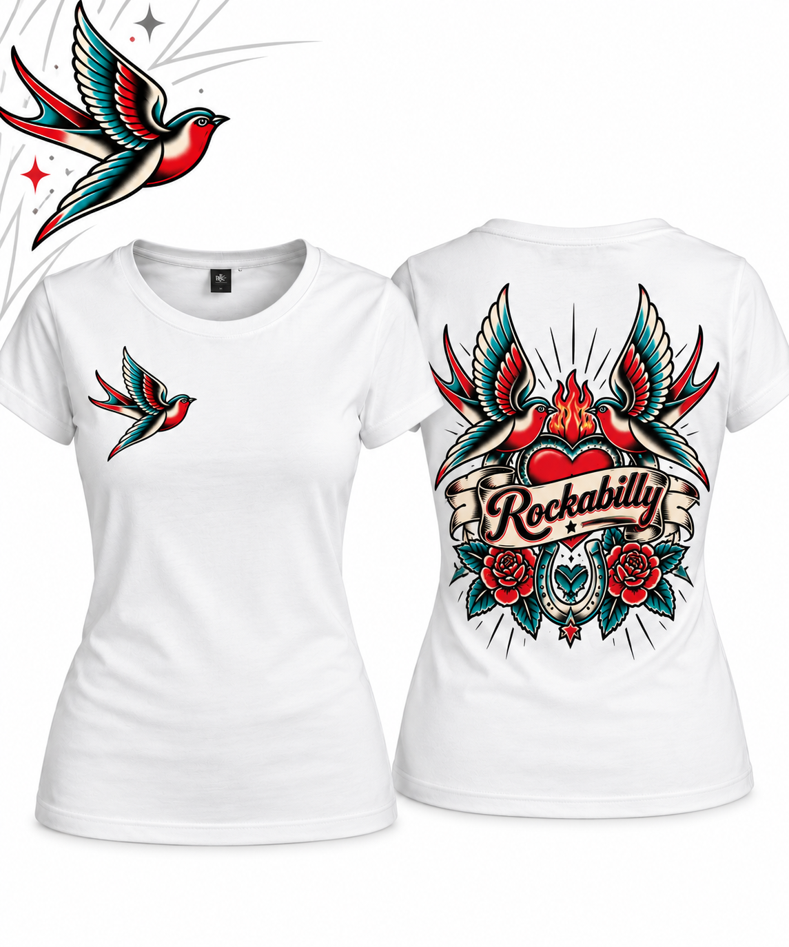 Rockabilly Swallow – Schwalben, beidseitig bedruckt Ladies T-Shirt weiß Produktansicht