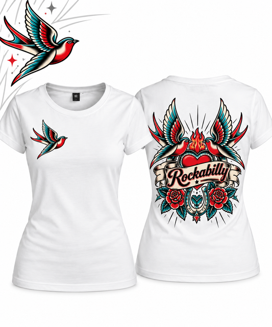 Rockabilly Swallow – Schwalben, beidseitig bedruckt Ladies T-Shirt weiß Produktansicht