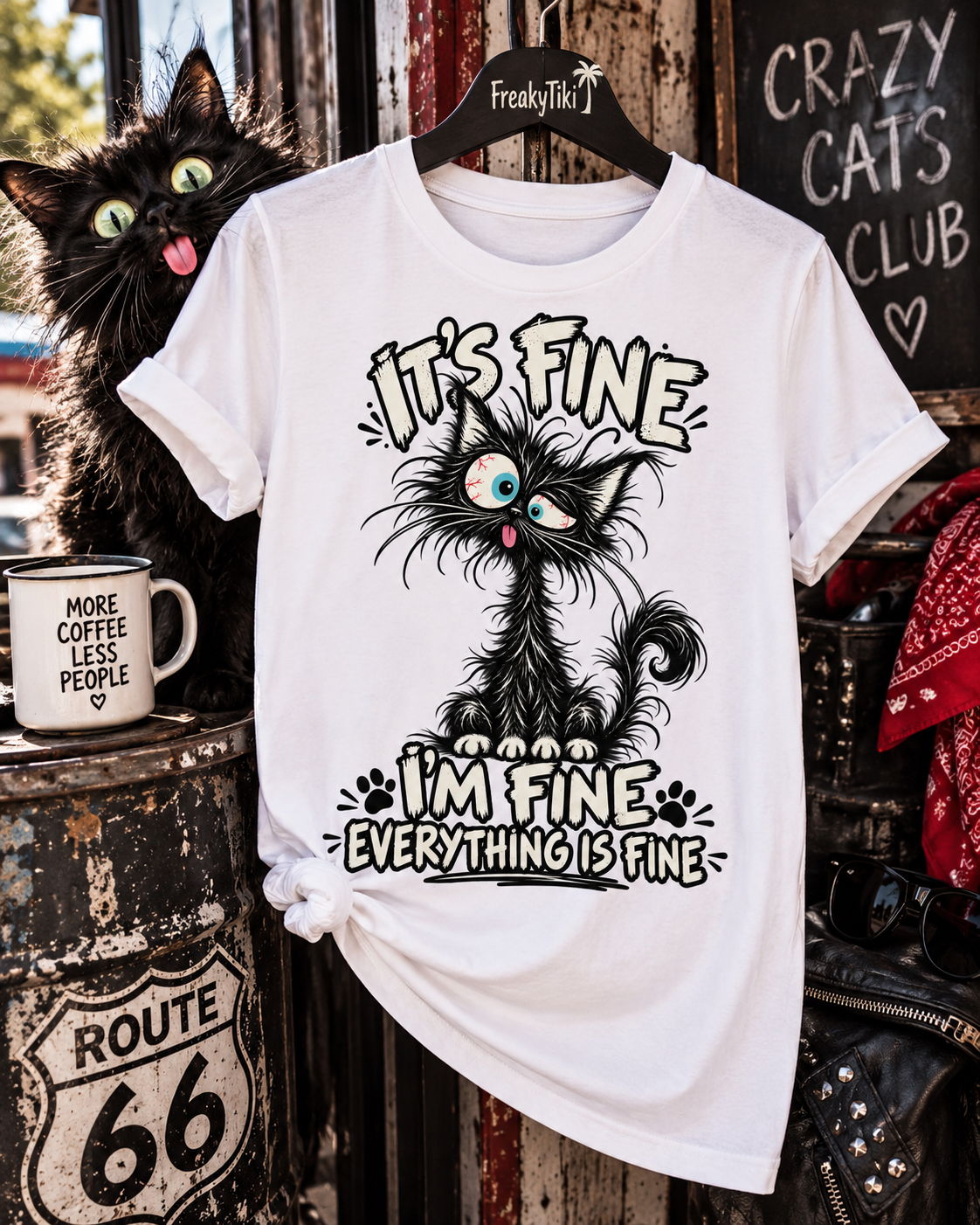 It’s Fine, I’m Fine, Everything Is Fine – Crazy Cat T-Shirt weiß Lifestyle Bild 1