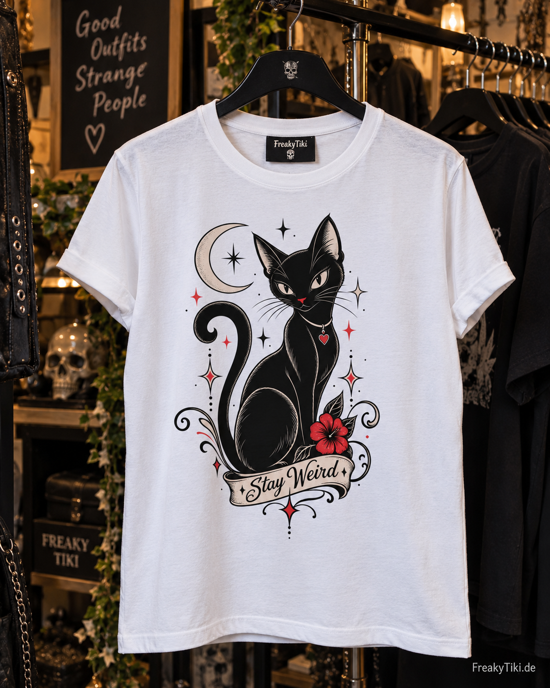 Stay Weird – schwarze Katze T-Shirt weiß Lifestyle Bild 2