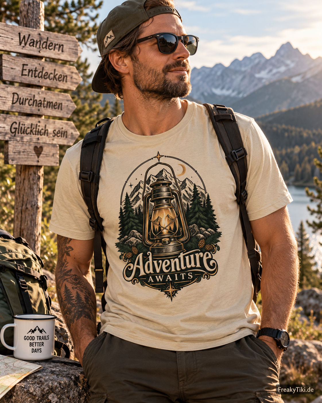 Adventure Awaits – Outdoor, Wandern & Berge T-Shirt sand Lifestyle Bild 1
