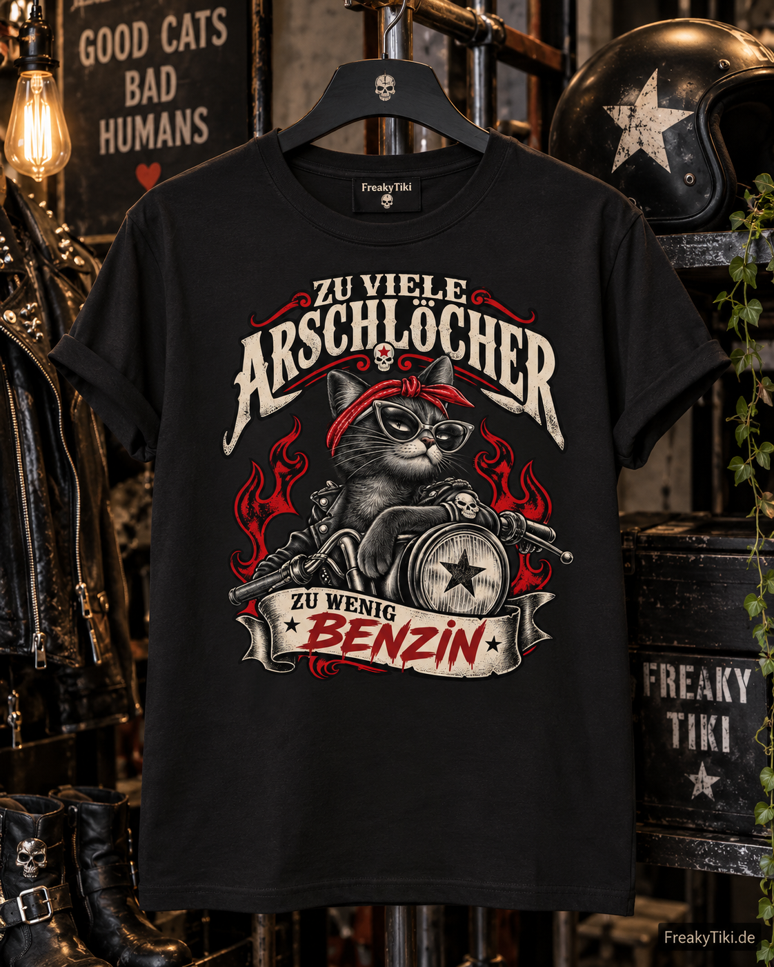 Zu viele Arschlöcher, zu wenig Benzin – Biker Cat T-Shirt schwarz Lifestyle Bild 1
