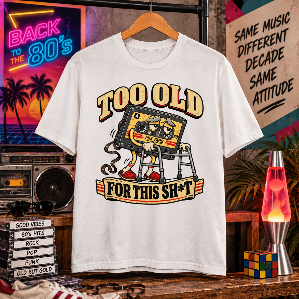 Too Old for This Shit – 80s Kassette Retro T-Shirt weiß Lifestyle Bild 2
