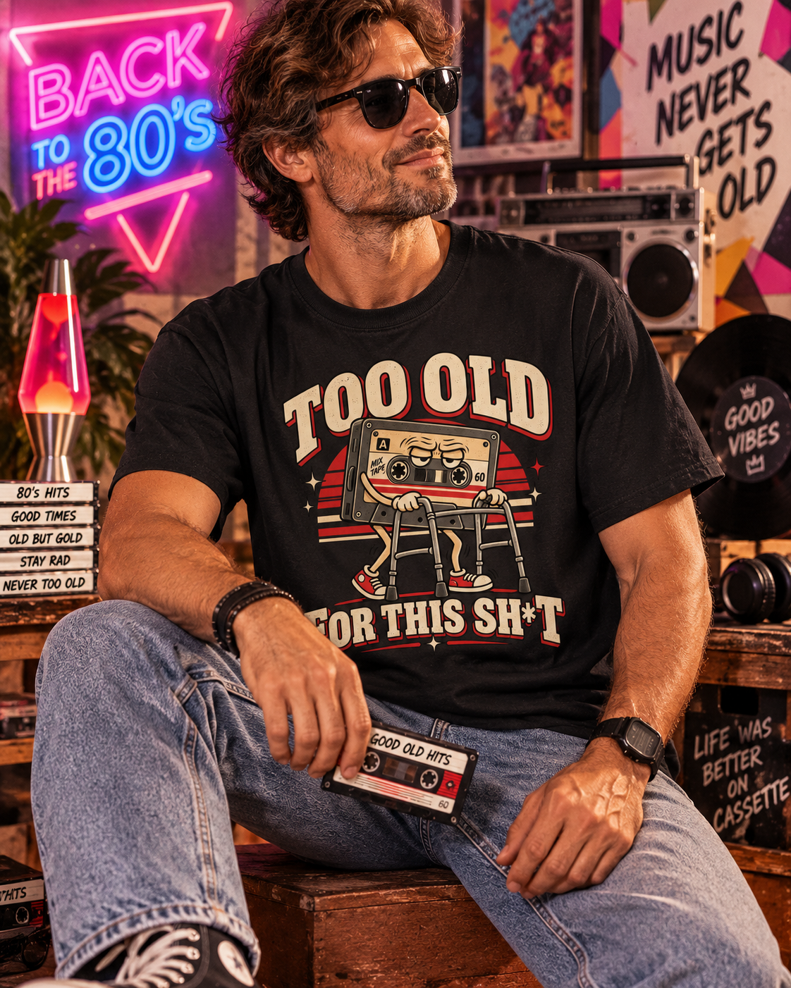 Too Old for This Shit – 80s Retro Kassette T-Shirt schwarz Lifestyle Bild 1