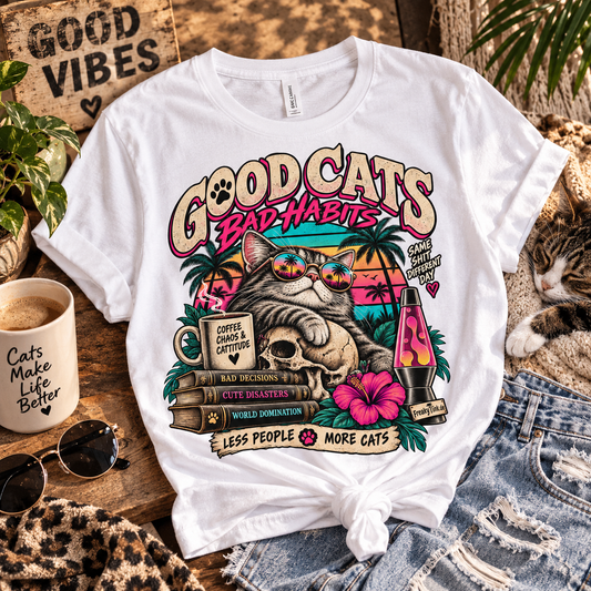 Good Cats, Bad Habits – Retro Cat T-Shirt weiß Lifestyle Bild 1