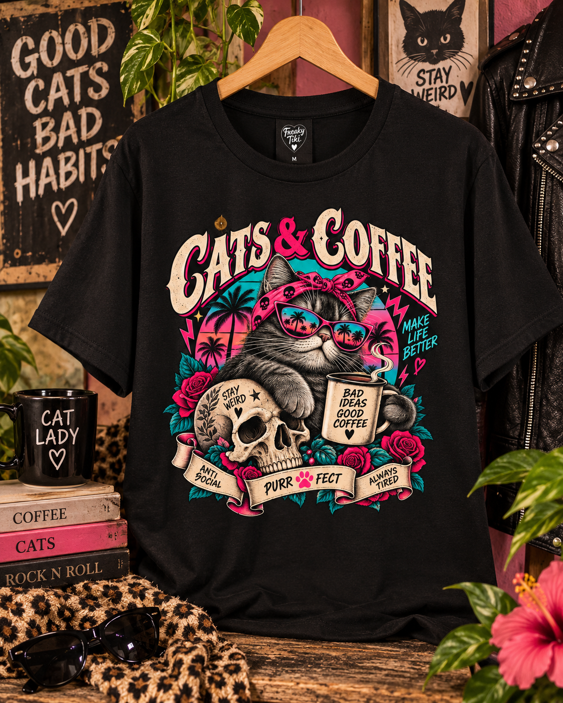 Cats & Coffee – Retro Katze mit Skull T-Shirt schwarz Lifestyle Bild 2