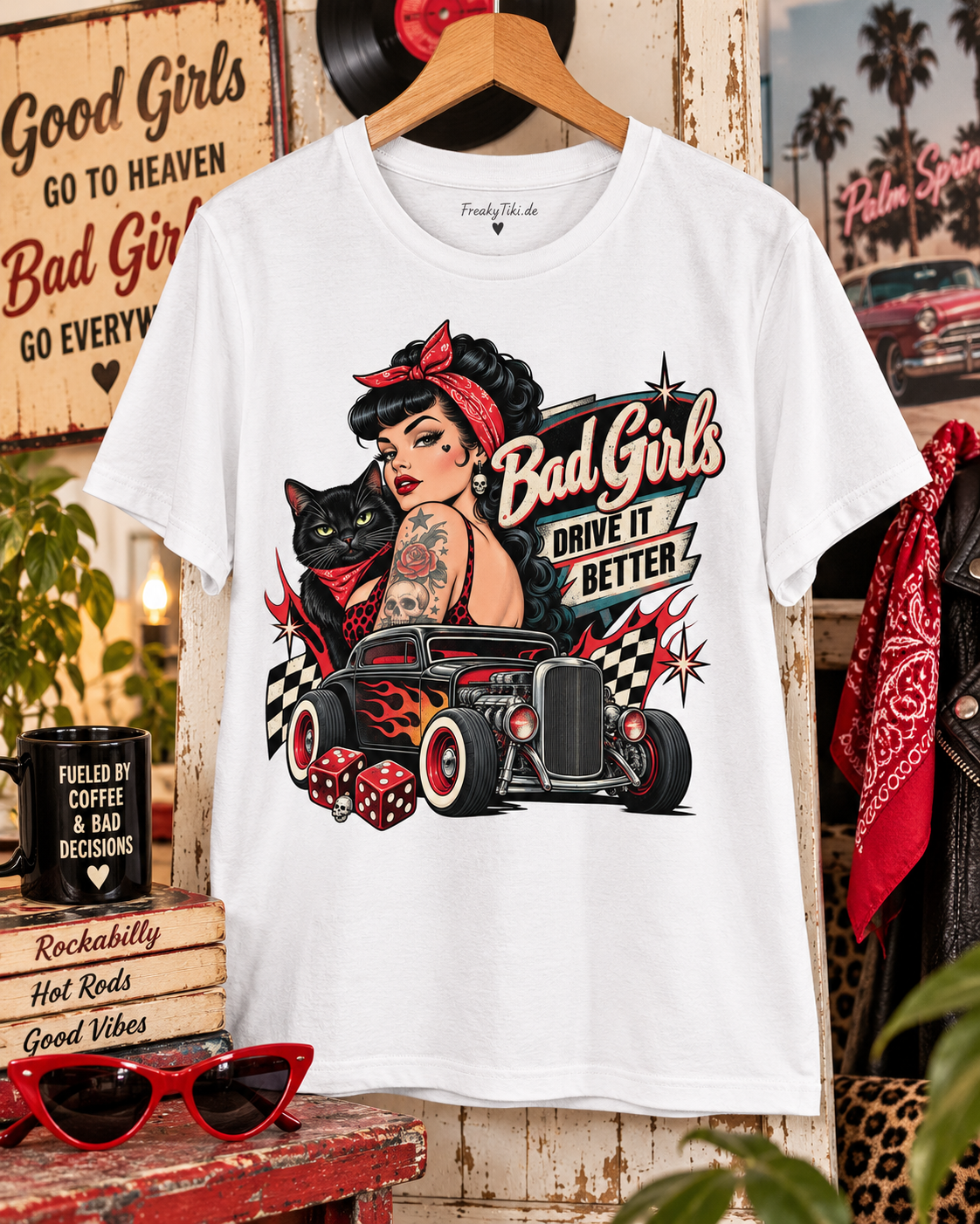 Bad Girls Drive It Better – Rockabilly Ladies T-Shirt weiß Lifestyle Bild 2