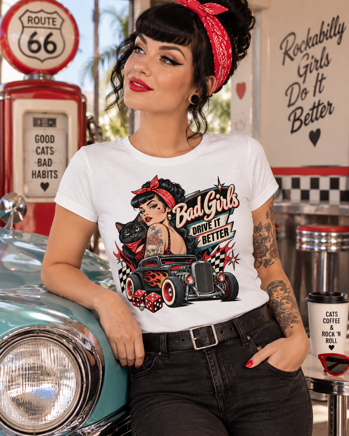 Bad Girls Drive It Better – Rockabilly Ladies T-Shirt weiß Lifestyle Bild 1
