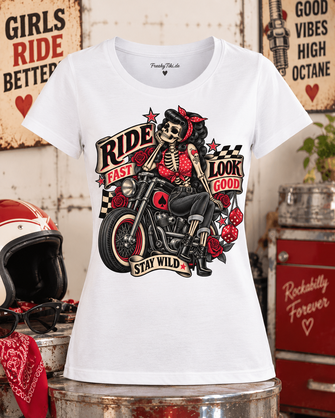 Ride Fast, Look Good, Stay Wild – Biker Girl Ladies T-Shirt weiß Lifestyle Bild 2