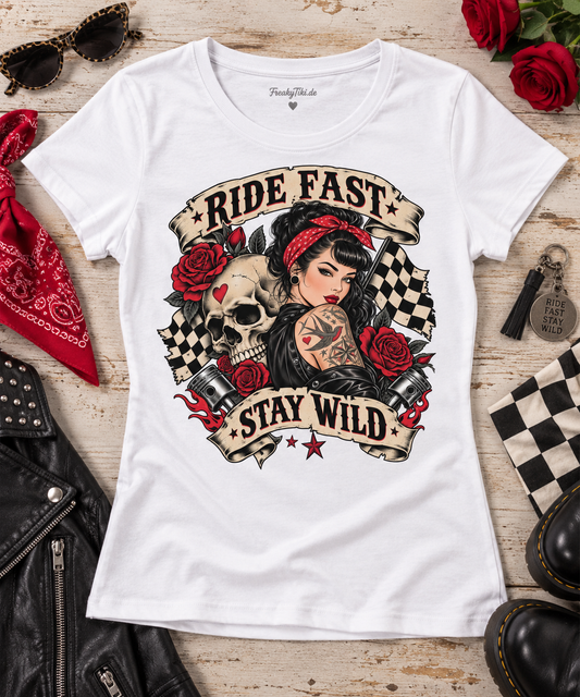 Ride Fast, Stay Wild – Tattoo Rockabilly Lady Ladies T-Shirt weiß Lifestyle Bild 1