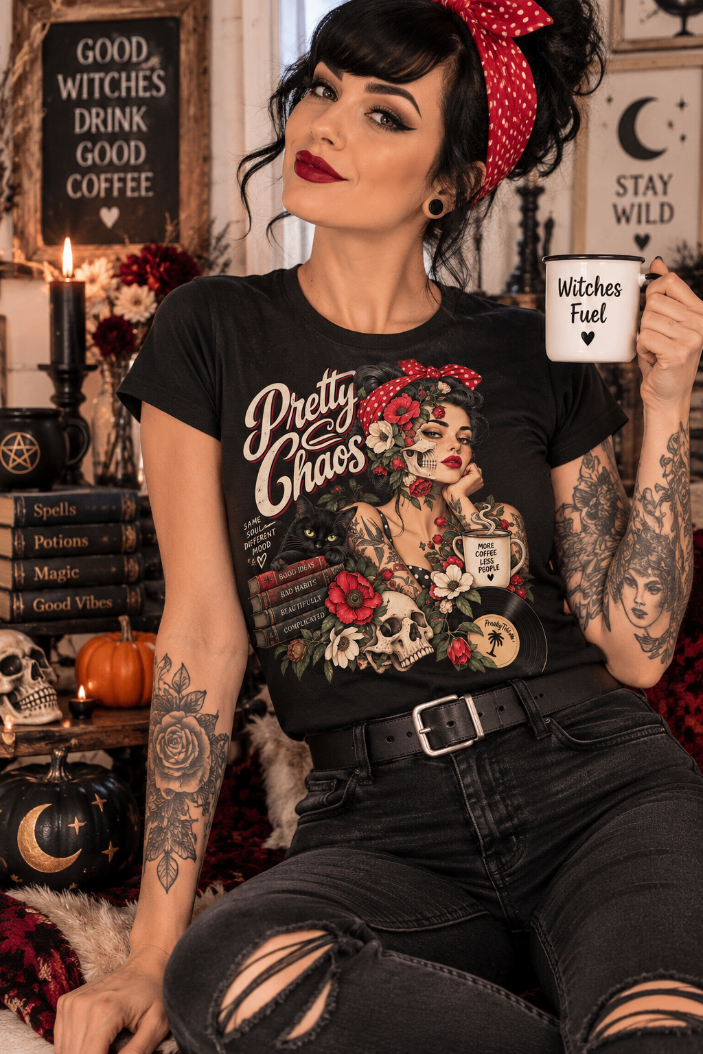 Pretty Chaos – Tattoo Gothic Rockabilly Ladies T-Shirt schwarz Lifestyle Bild 1