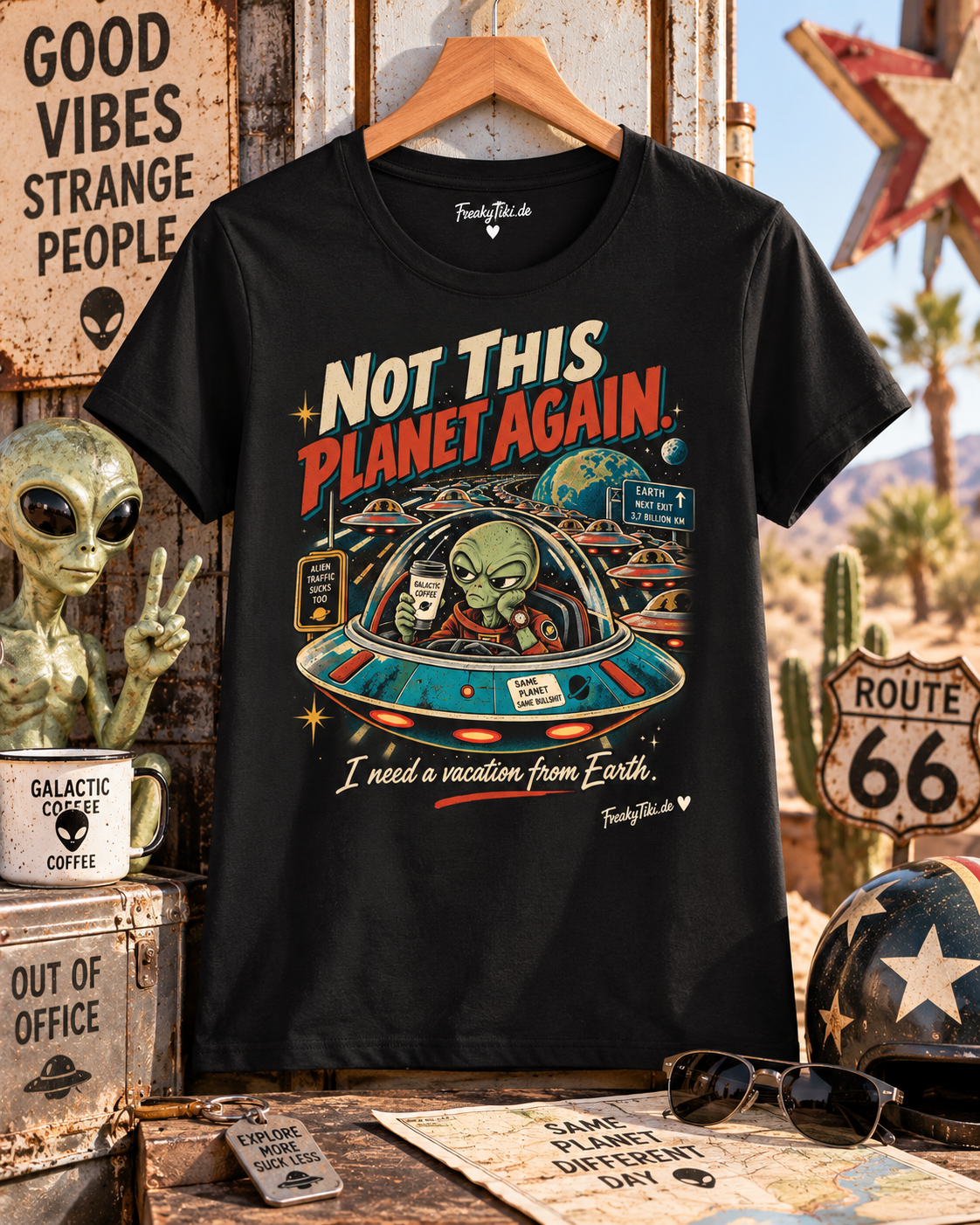 Not This Planet Again Retro Sci-Fi Alien T-Shirt Lifestyle Foto