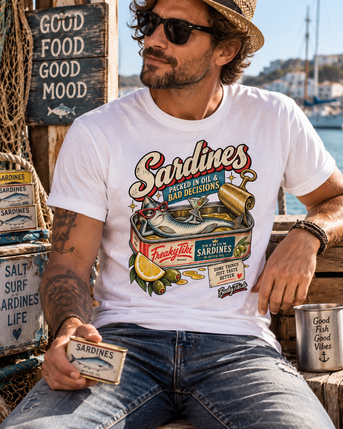 Sardines – Packed in Oil, Tinned Fish T-Shirt weiß Lifestyle Bild 1