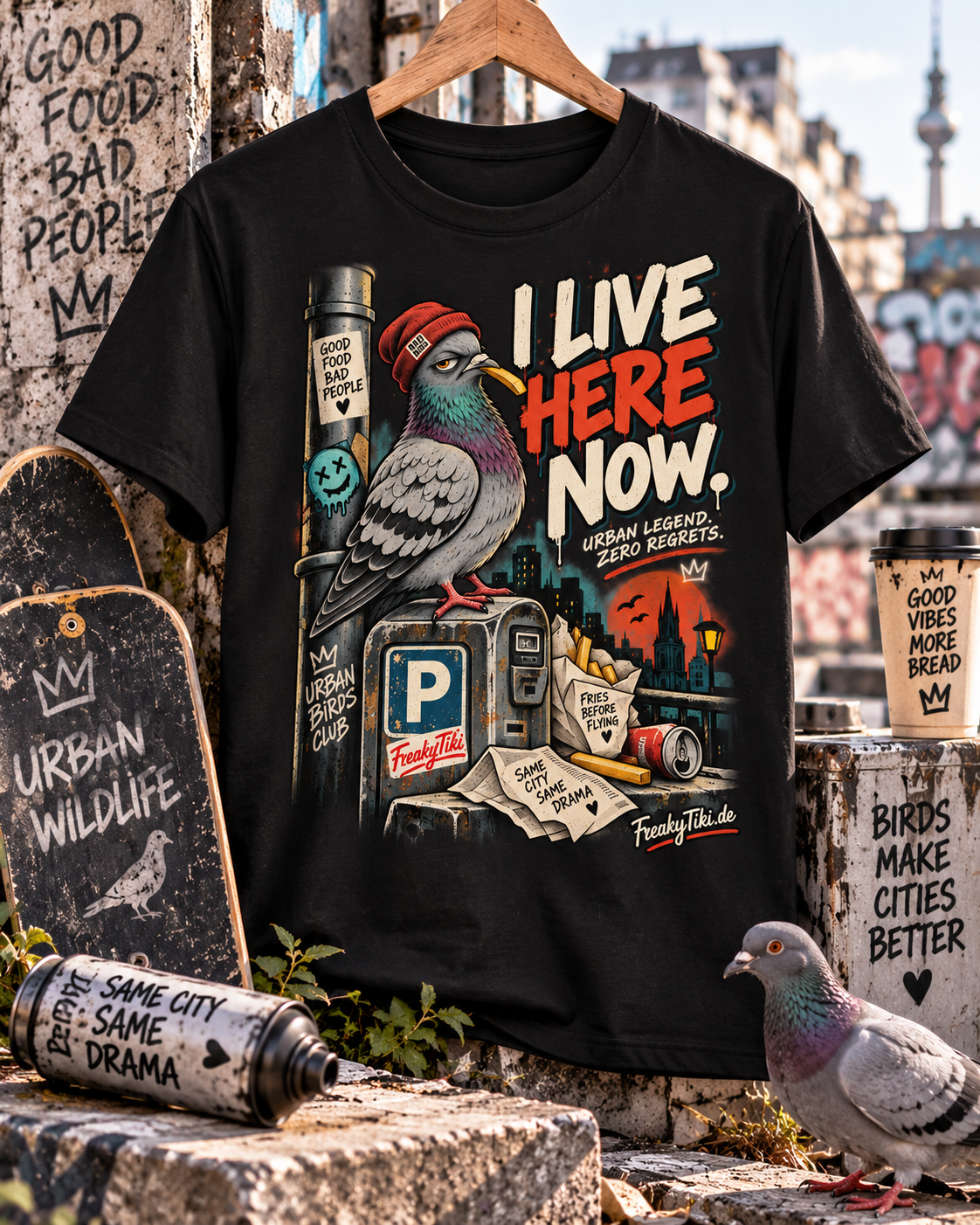 I Live Here Now – Taube, Urban Wildlife T-Shirt schwarz Lifestyle Bild 2