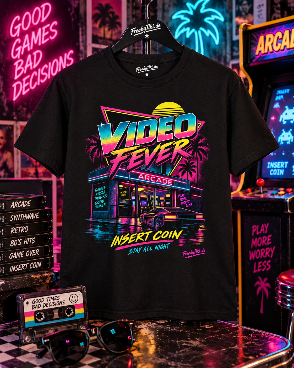 Schwarzes T-Shirt ohne Model mit Neonfarbene Arcade-Fassade mit Video Fever und Insert Coin