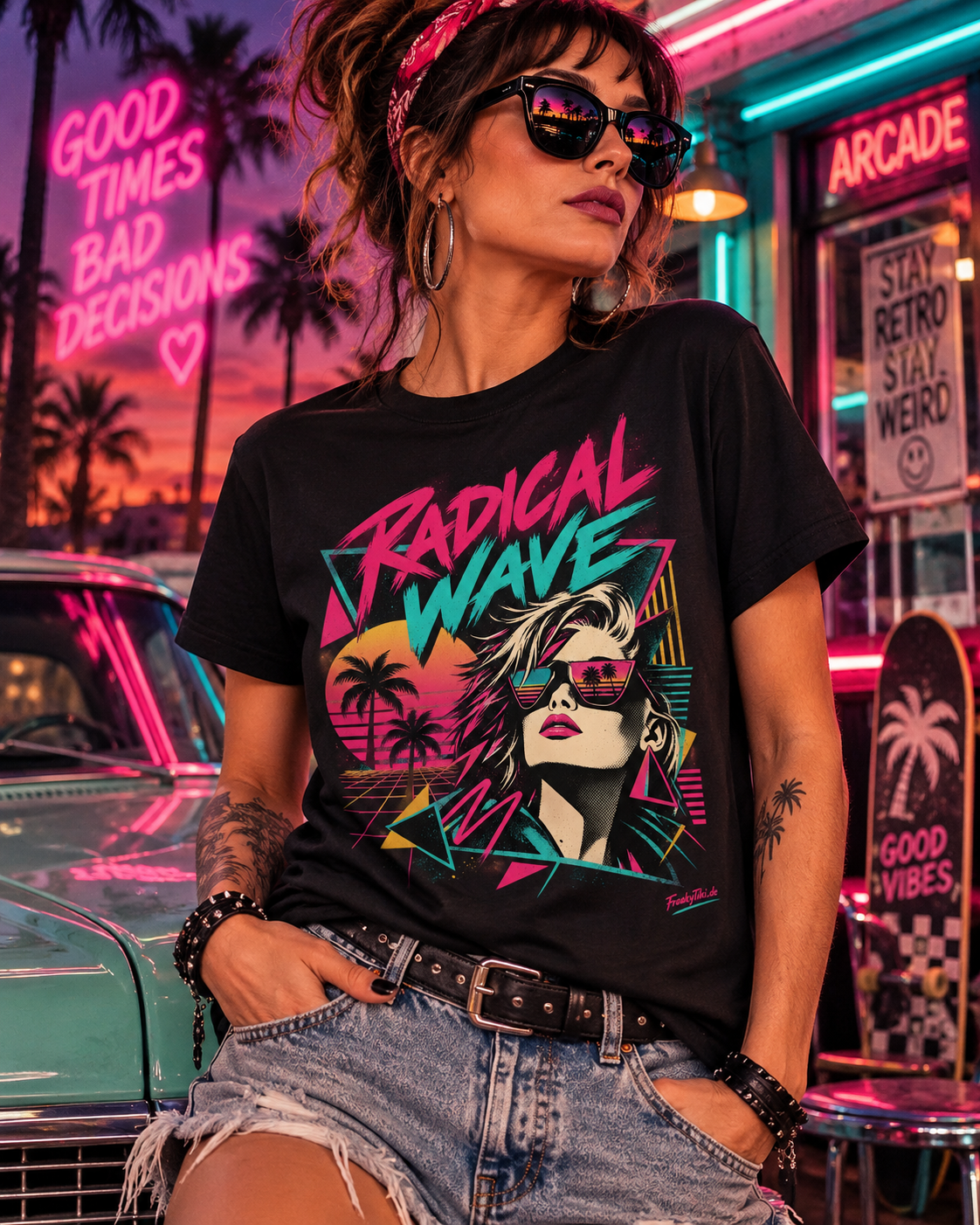 Weibliches Model trägt schwarzes T-Shirt mit Frauenporträt mit Sonnenbrille, Palmen und Sonnenuntergang mit Radical Wave