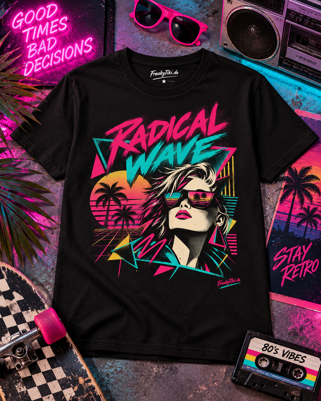 Schwarzes T-Shirt ohne Model mit Frauenporträt mit Sonnenbrille, Palmen und Sonnenuntergang mit Radical Wave