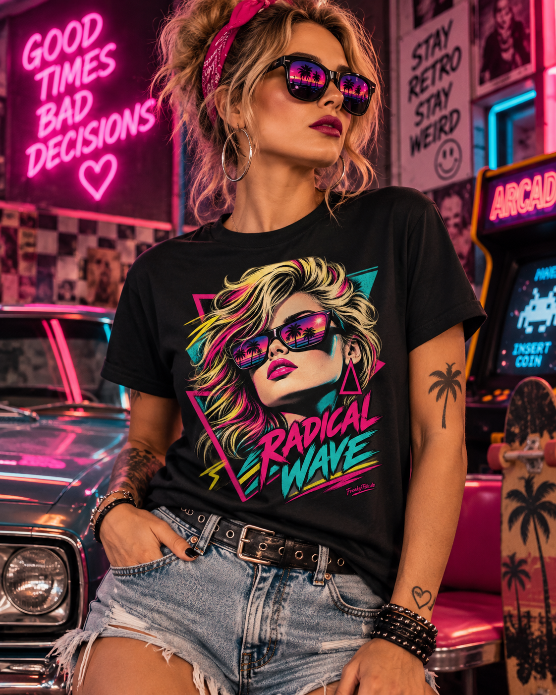 Weibliches Model trägt schwarzes T-Shirt mit Retro-Frauenporträt mit Sonnenbrille und Neonformen mit Radical Wave