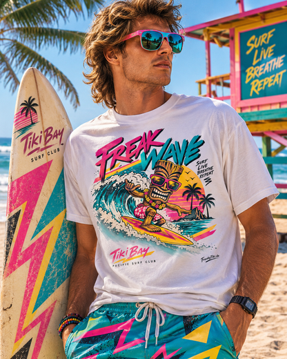 Männliches Model trägt weißes T-Shirt mit Surfender Tiki vor einer Welle und Palmen mit Freak Wave und Tiki Bay