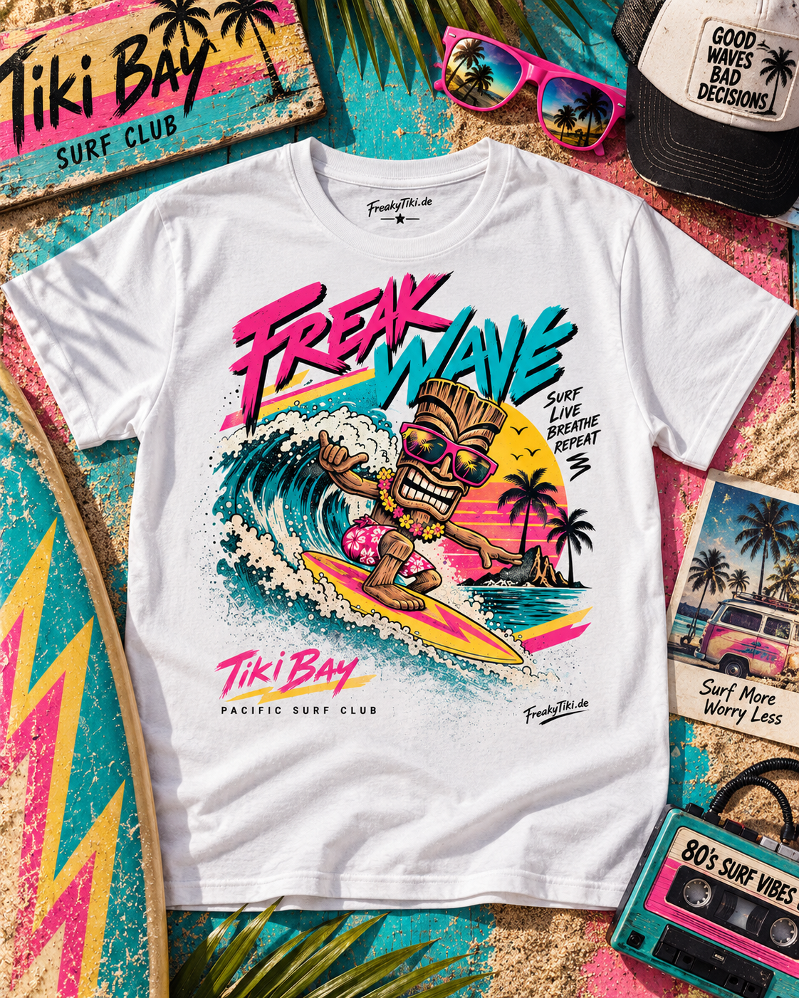 Weißes T-Shirt ohne Model mit Surfender Tiki vor einer Welle und Palmen mit Freak Wave und Tiki Bay