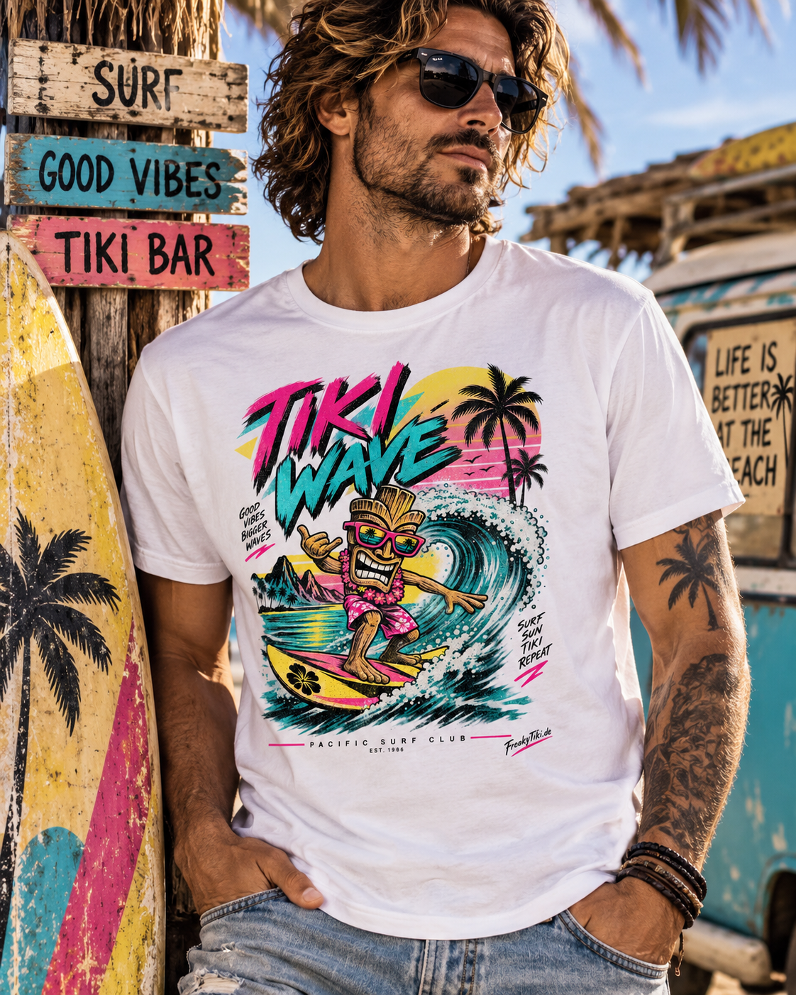 Männliches Model trägt weißes T-Shirt mit Surfender Tiki, türkisfarbene Welle und Palmen mit Tiki Wave