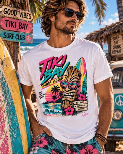 Männliches Model trägt weißes T-Shirt mit Tiki mit Sonnenbrille, Surfboards, Palmen und Tiki Bay Surf Club