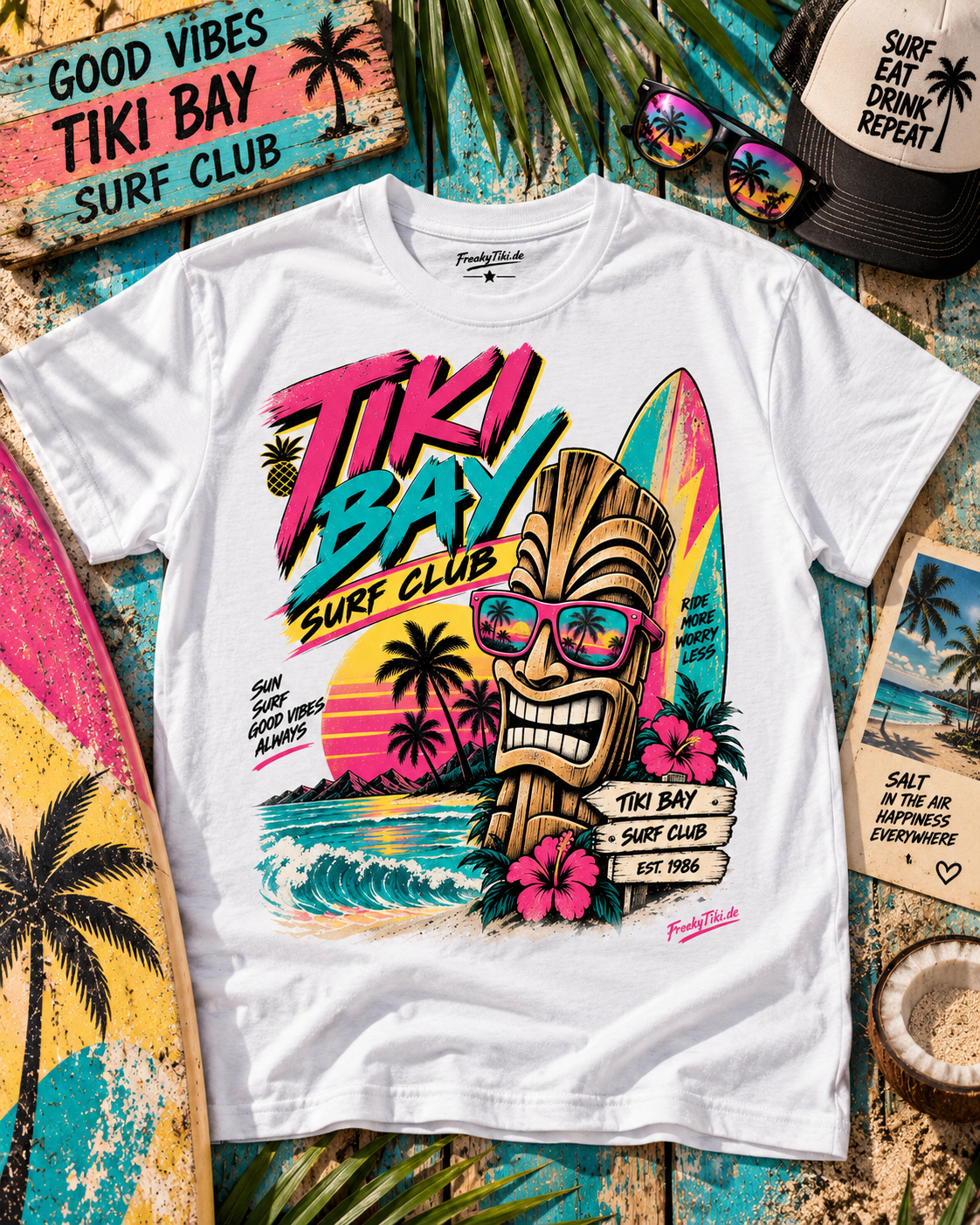 Weißes T-Shirt ohne Model mit Tiki mit Sonnenbrille, Surfboards, Palmen und Tiki Bay Surf Club