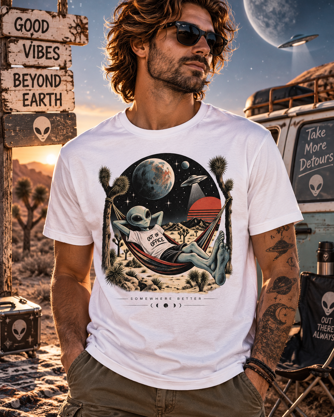 Männliches Model trägt weißes T-Shirt mit Alien in einer Hängematte zwischen Kakteen mit Planeten und Somewhere Better