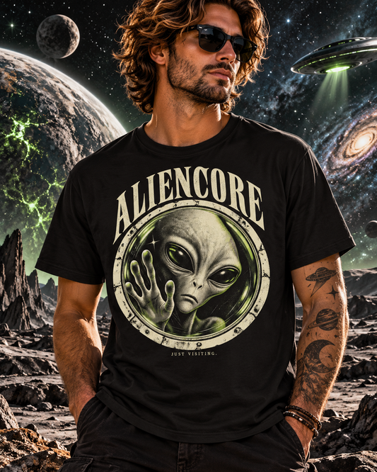 Männliches Model trägt schwarzes T-Shirt mit Alien-Porträt mit erhobener Hand im runden Aliencore-Emblem und Just Visiting