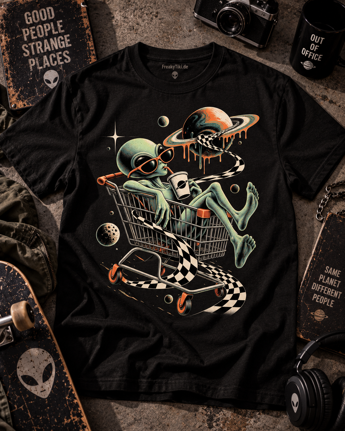 Schwarzes T-Shirt ohne Model mit Alien im Einkaufswagen mit Planeten und Schachbrettband