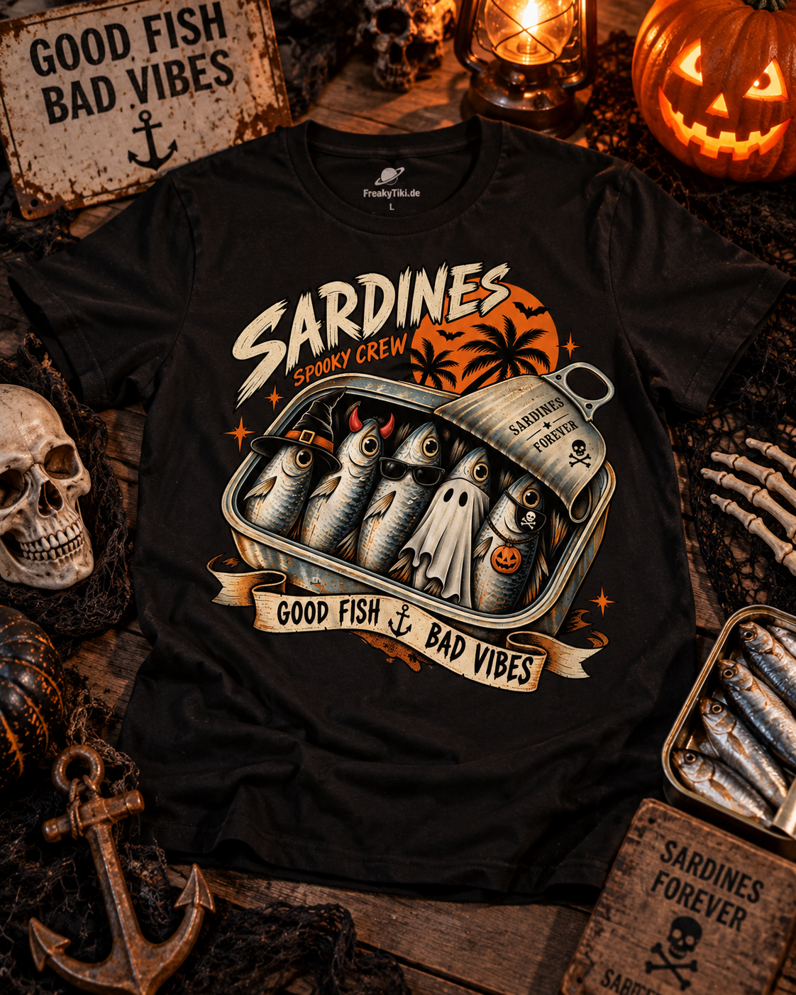 Schwarzes T-Shirt ohne Model mit Sardines Spooky Crew – geisterhafte Sardinen in einer Dose mit Fledermäusen und Palmen