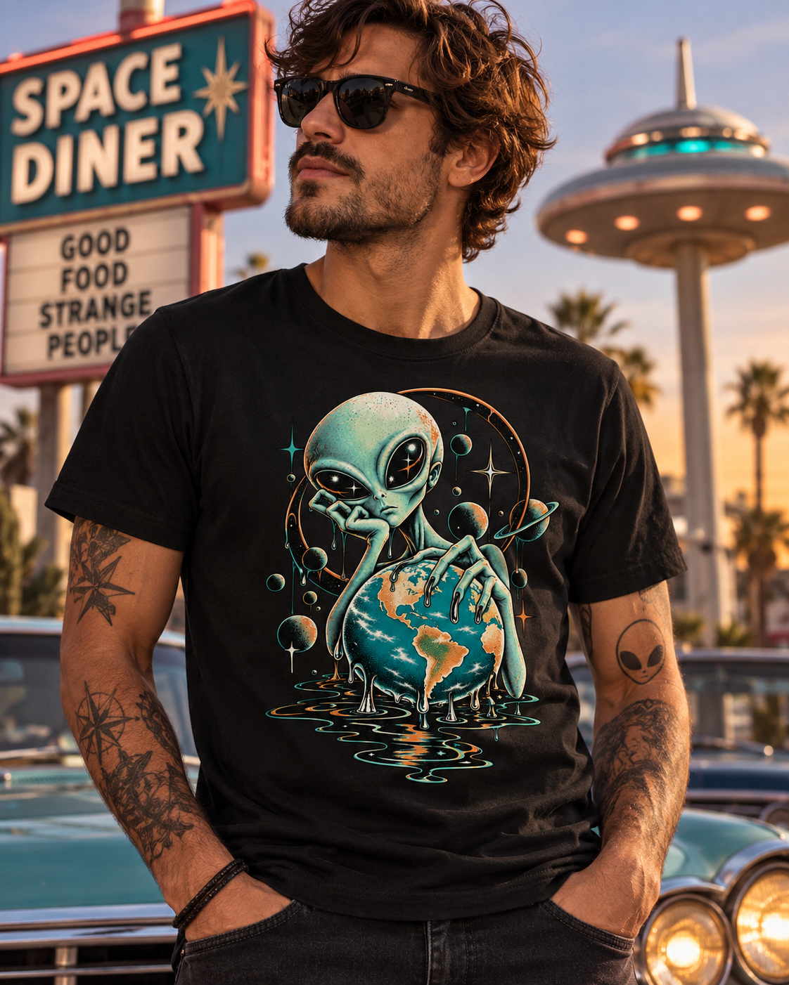 Männliches Model trägt schwarzes T-Shirt mit Alien mit schmelzender Erdkugel und umlaufenden Planeten