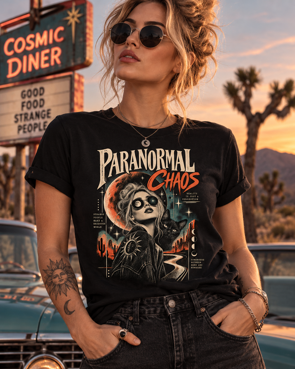 Weibliches Model trägt schwarzes T-Shirt mit Paranormal Chaos – Retro-Frauenporträt, Himmelskörper und Wüstenstraße
