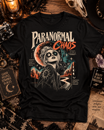 Schwarzes T-Shirt ohne Model mit Paranormal Chaos – Retro-Frauenporträt, Himmelskörper und Wüstenstraße