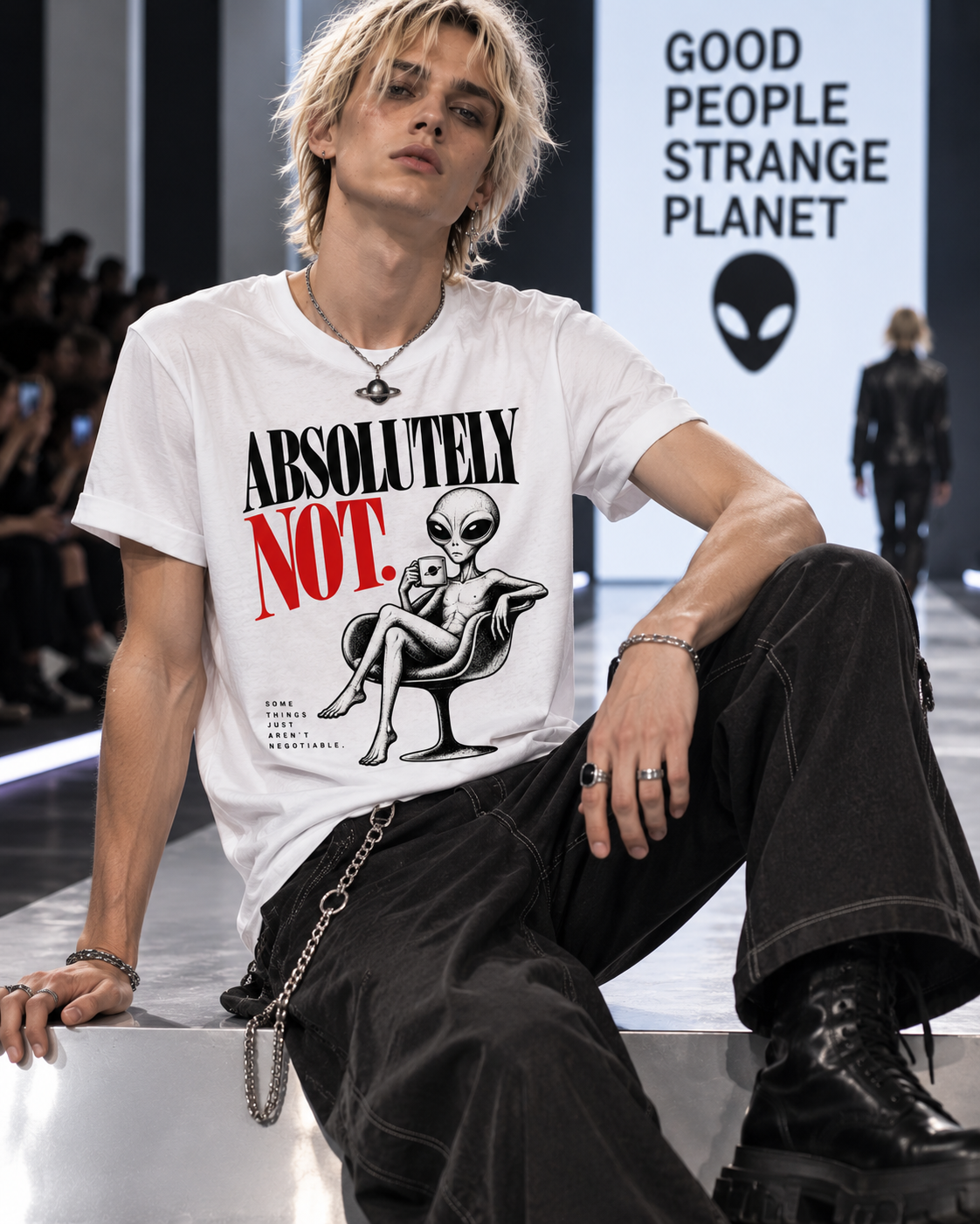 Sitzendes männliches Model trägt weißes T-Shirt mit Absolutely Not – schwarze und rote Serifenschrift mit Alien im Sessel