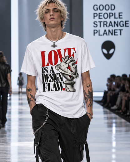 Männliches Model trägt weißes T-Shirt mit Love Is a Design Flaw – rote und schwarze Serifenschrift mit anatomischem Herz auf Sockel