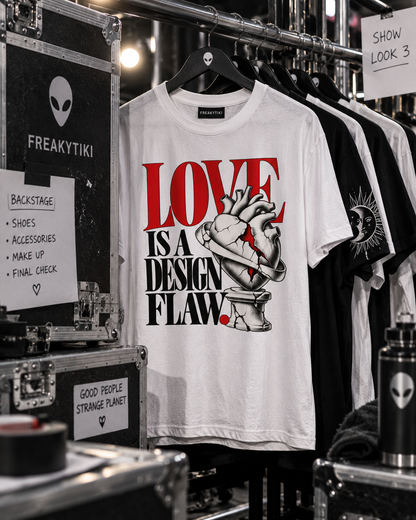 T-Shirt auf einem Kleiderbügel mit Love Is a Design Flaw – rote und schwarze Serifenschrift mit anatomischem Herz auf Sockel