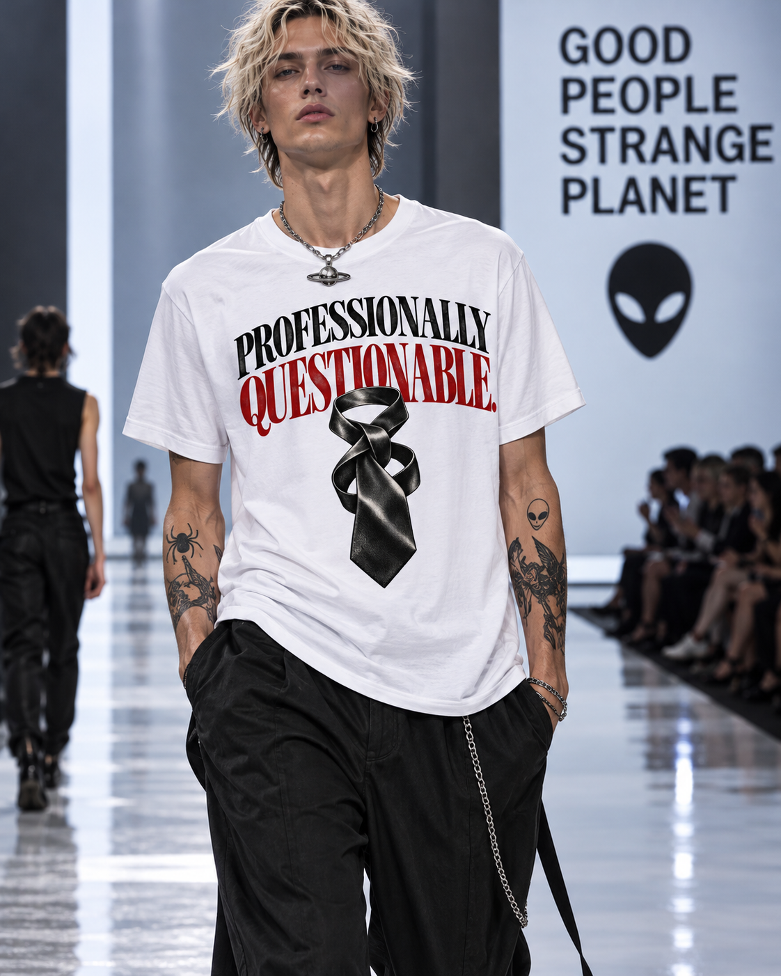 Männliches Model trägt weißes T-Shirt mit Professionally Questionable – schwarze und rote Serifenschrift mit verdrehter Krawatte