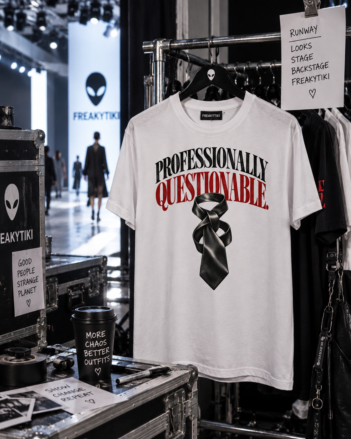 T-Shirt auf einem Kleiderbügel mit Professionally Questionable – schwarze und rote Serifenschrift mit verdrehter Krawatte