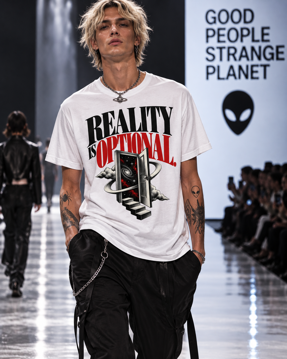 Männliches Model trägt weißes T-Shirt mit Reality Is Optional – schwarze und rote Serifenschrift mit Weltraumportal und Treppe