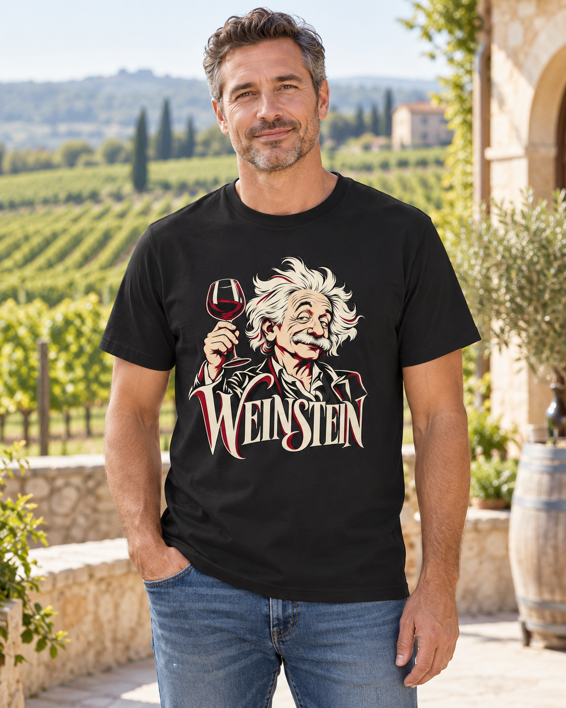 KI-Modelbild: Mann trägt das schwarze T-Shirt „Weinstein“ vor einem Weinberg