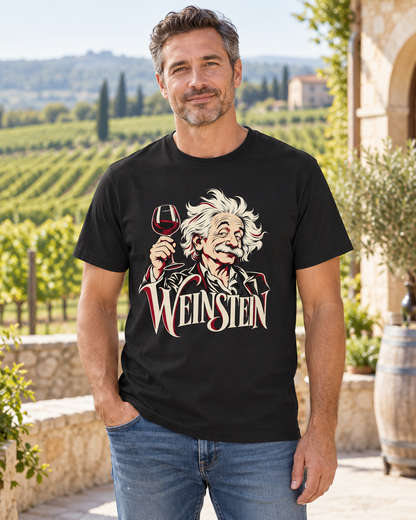KI-Modelbild: Mann trägt das schwarze T-Shirt „Weinstein“ vor einem Weinberg