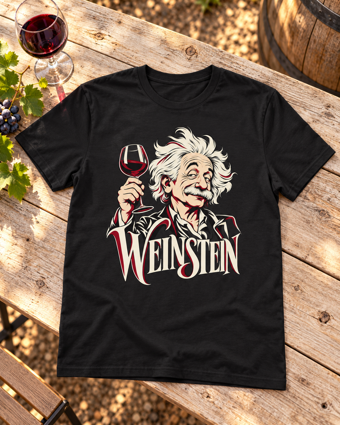 KI-Szenenbild: Schwarzes T-Shirt „Weinstein“ liegt neben Rotweinglas und Trauben auf einem rustikalen Holztisch