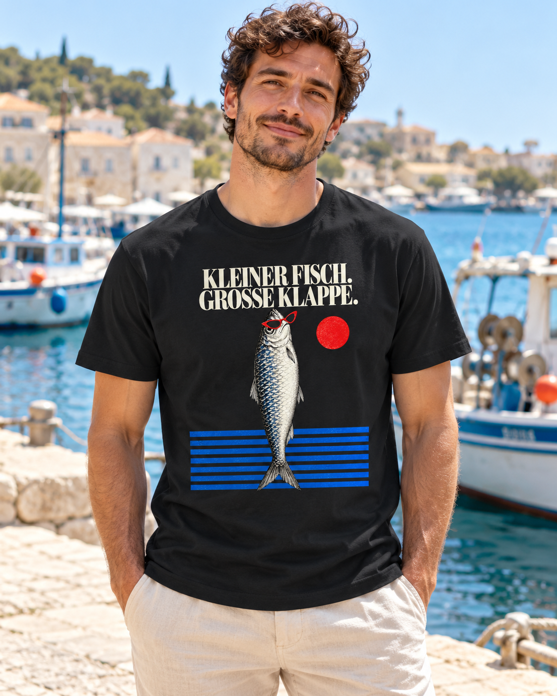 KI-Modelbild: Mann trägt das T-Shirt „Kleiner Fisch, große Klappe“ an einem sonnigen Hafen